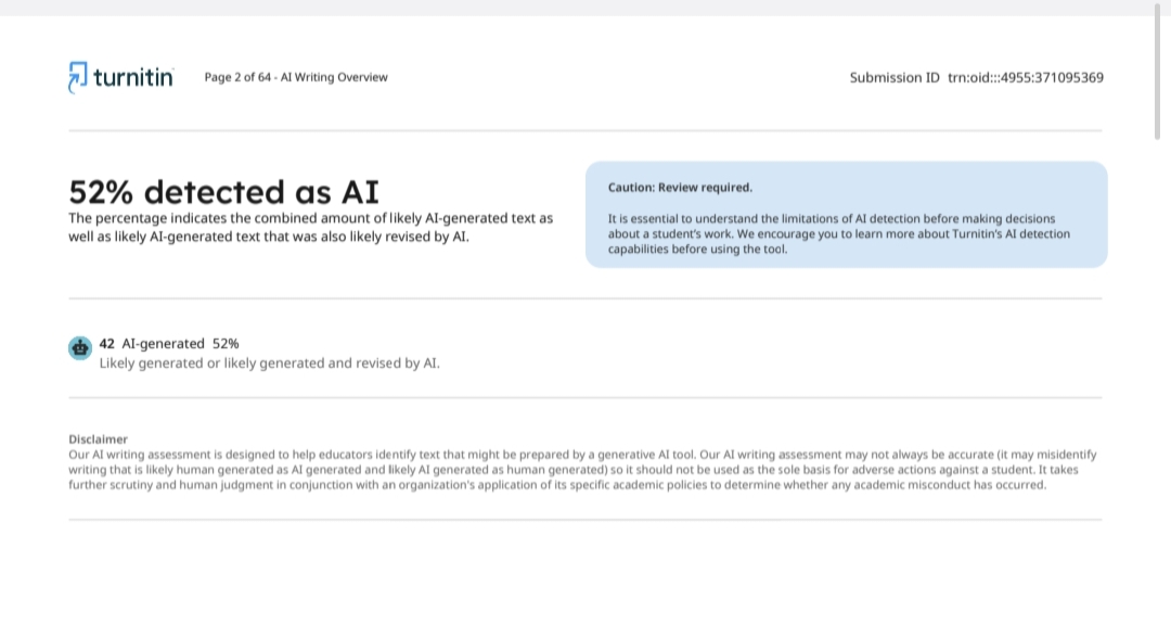 Original sample Turnitin AI writing overview showing 52% detected as AI